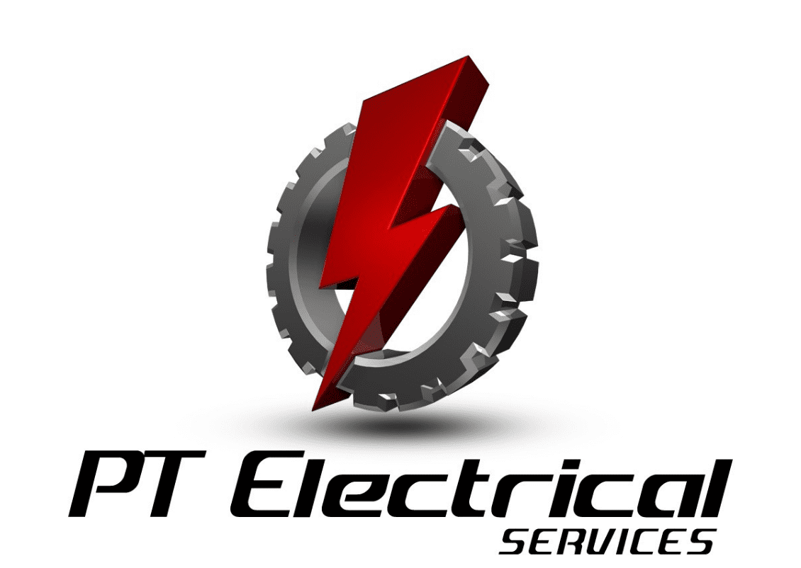 Logo of PT Electrical Services with a red lightning bolt and gear.