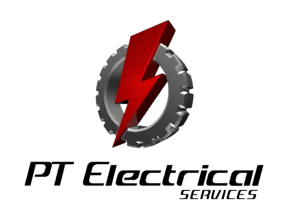 Logo with a red lightning bolt and gear for an electrical service.