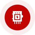Red icon featuring a white microchip with a lightning bolt.