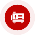 White generator icon on red circular background.