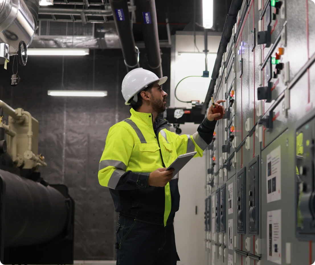 Engineer inspecting control panel in facility